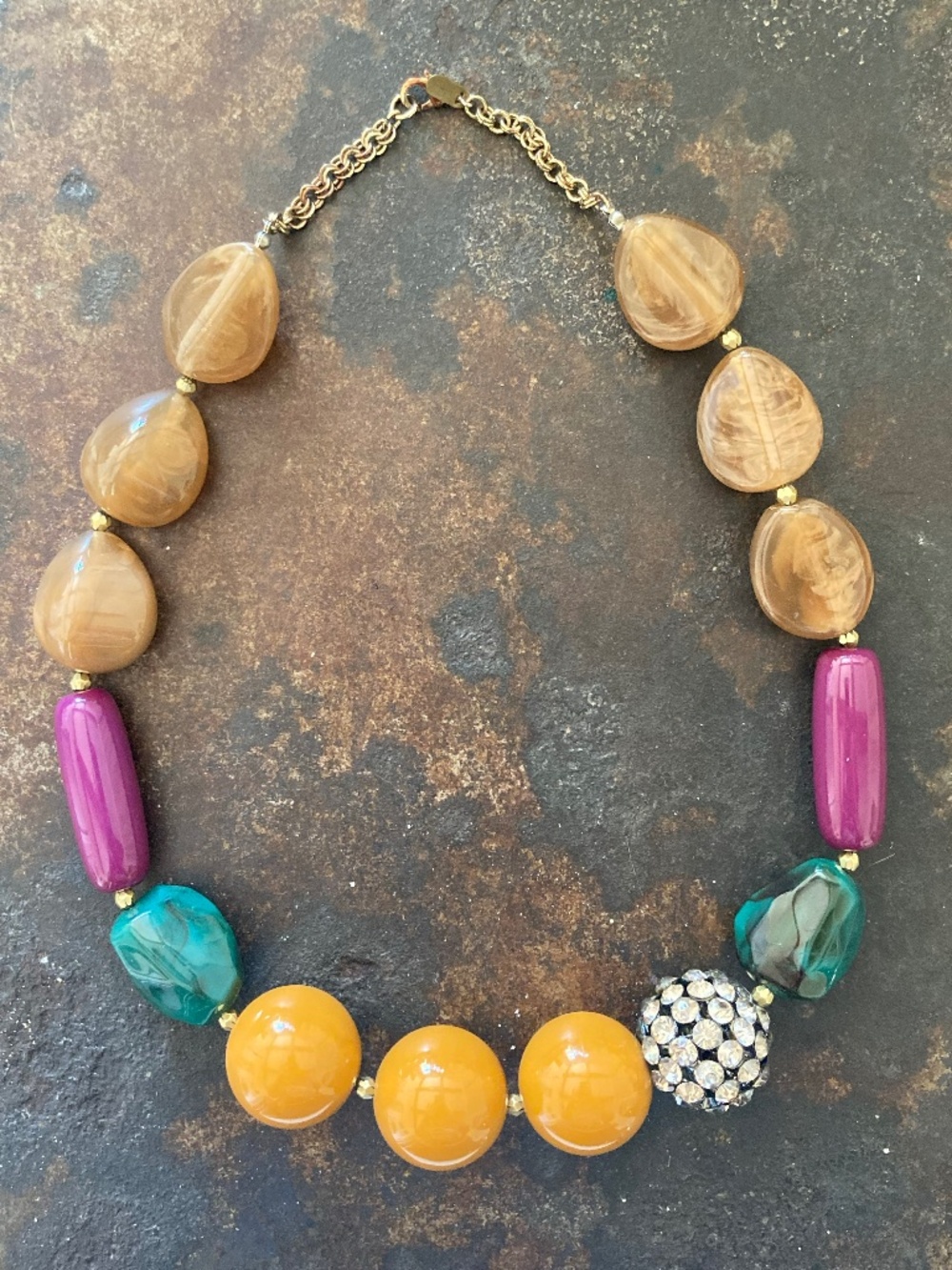Celeste Michelle Bali Nights Necklace Orange Teal Purple stones, rhinestone ball
